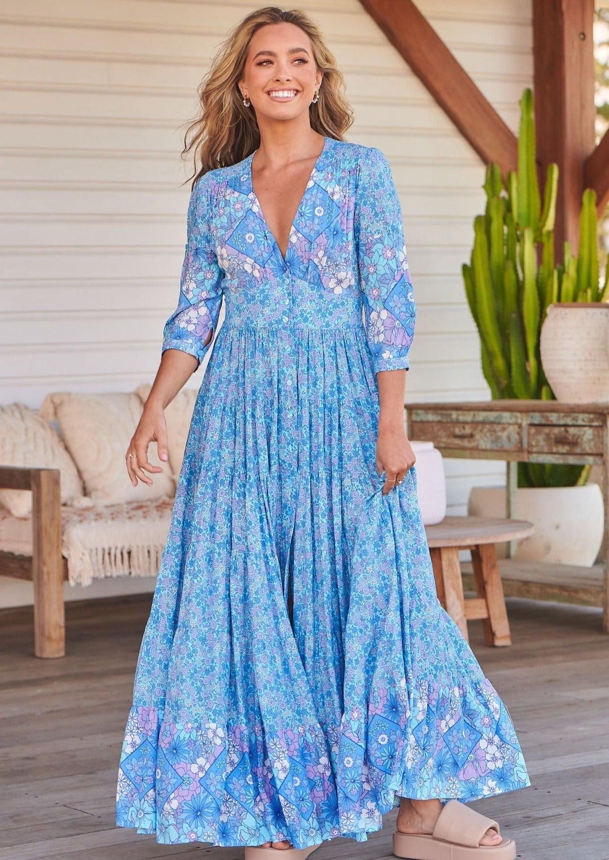 JAASE - Maxi Dress Berry in Blue Pompeii Print - OutDazl