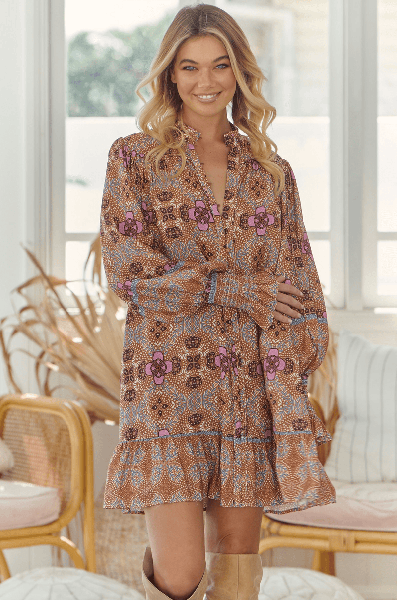 JAASE - Meredith Mini Dress in Plum Print - OutDazl