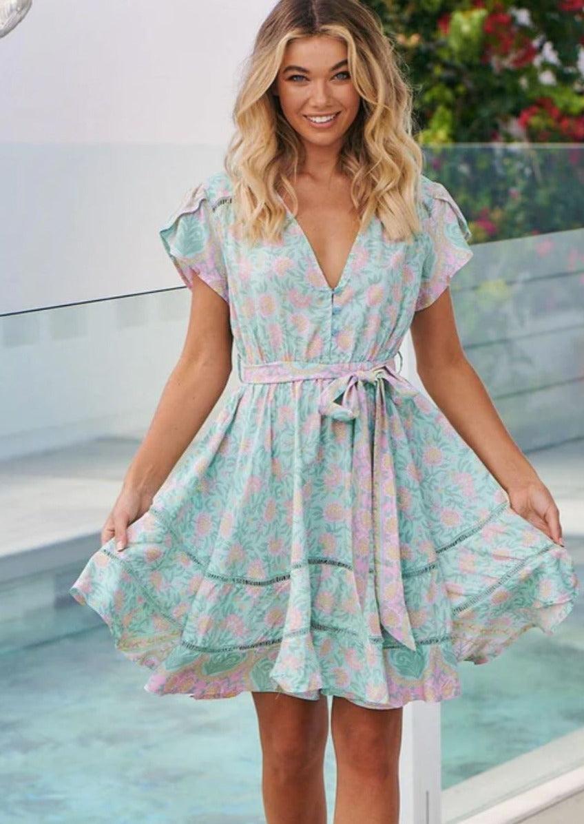 JAASE - Montana Mini Dress in Aqua Sky Print - OutDazl