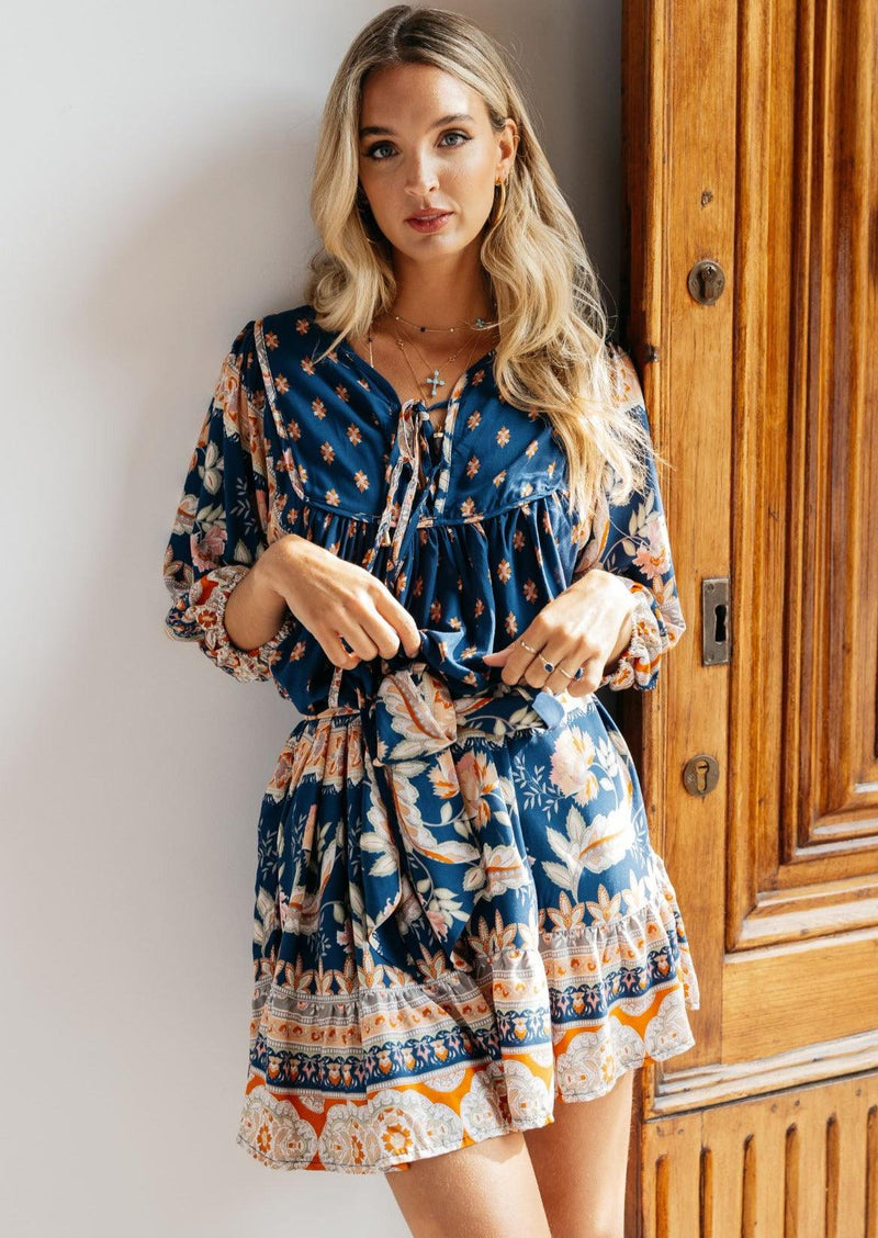 JAASE - Navy Peaches Print French Mini Dress - OutDazl