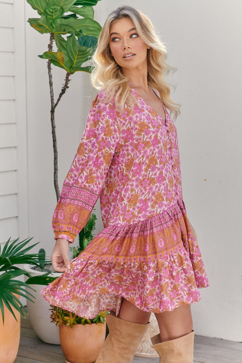 JAASE - Payson Mini Dress in Pink Dahlia Print - OutDazl