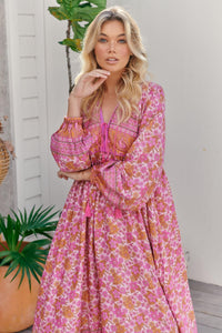 JAASE - Penelope Midi Dress in Pink Dahlia Print - OutDazl
