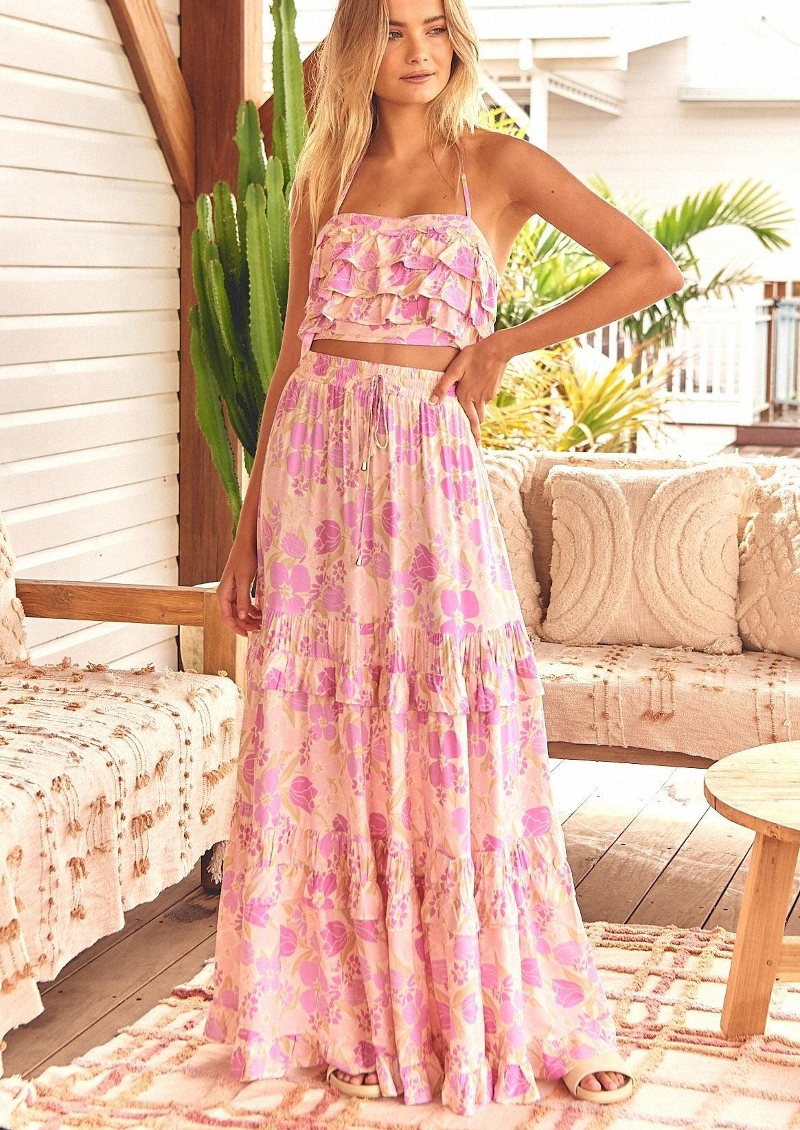 JAASE - Rose Petal Print Top and Maxi Skirt Set - OutDazl