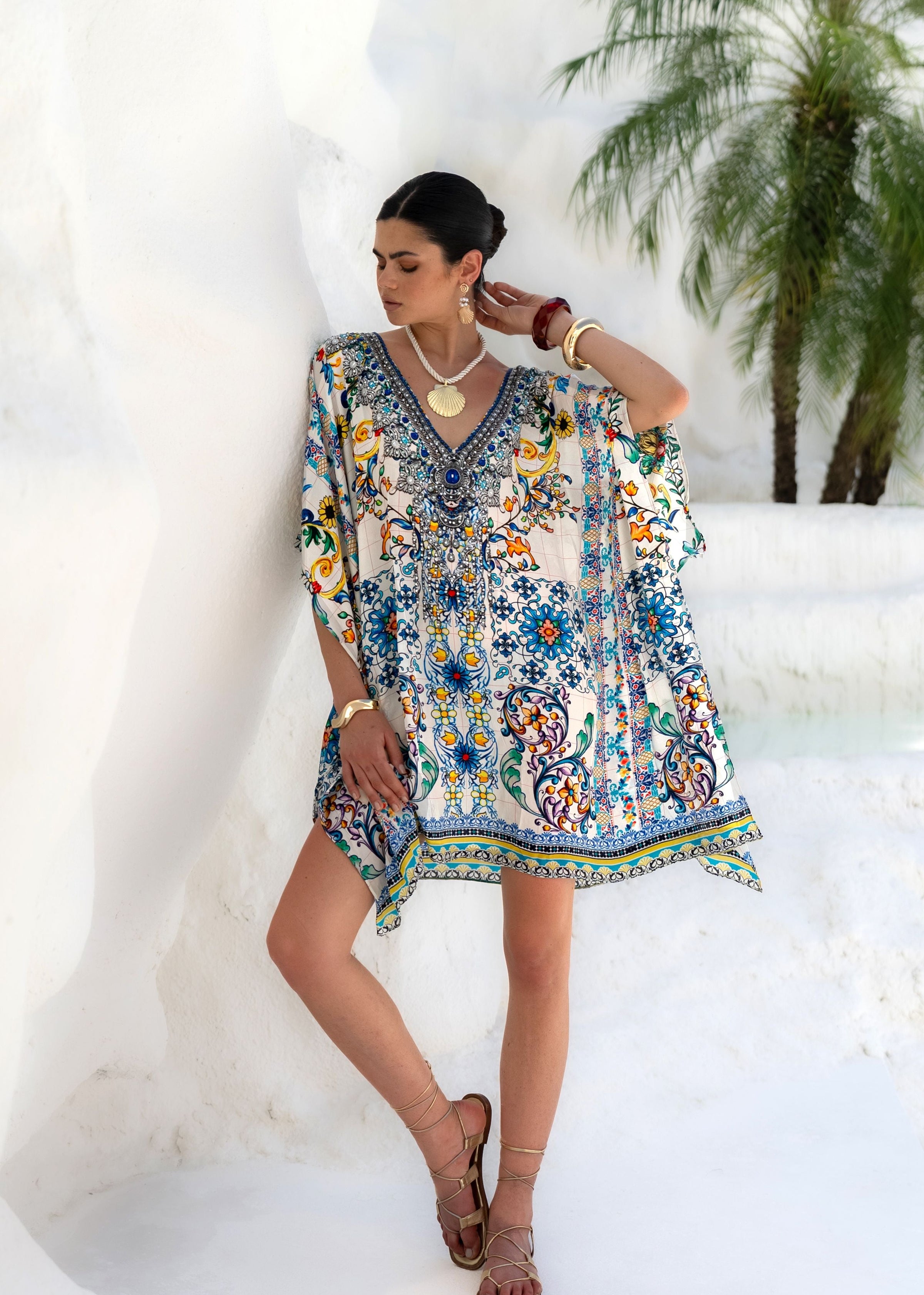 Bahabini | Mini Kaftan Dress in Amalfi Print OutDazl Bahabini | Mini Kaftan Dress in Amalfi Print OutDazl