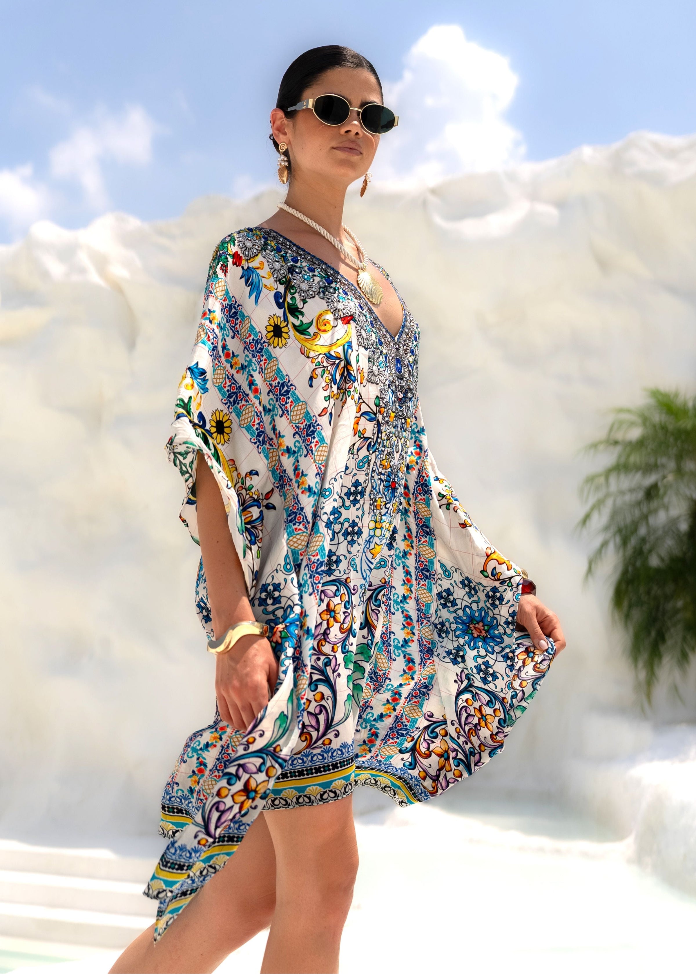 Bahabini | Mini Kaftan Dress in Amalfi Print OutDazl Bahabini | Mini Kaftan Dress in Amalfi Print OutDazl