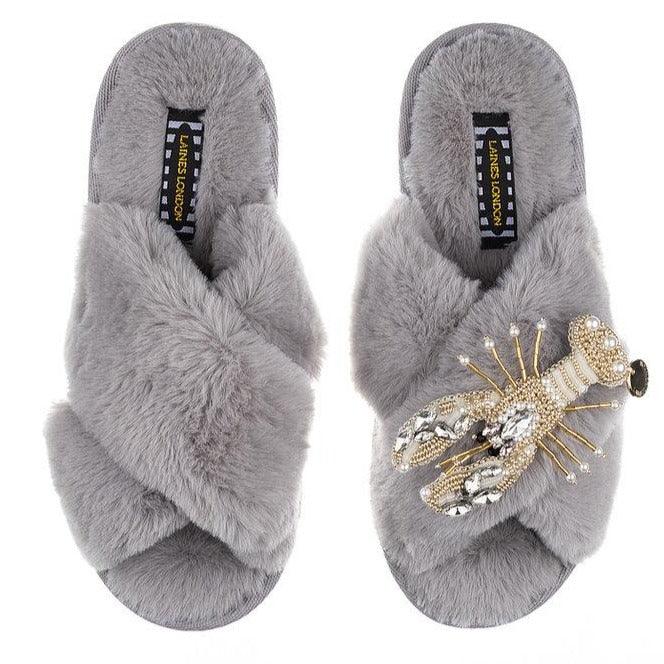 LAINES - Classic Laines Slippers Pearl & Gold Lobster Brooch in Grey - OutDazl