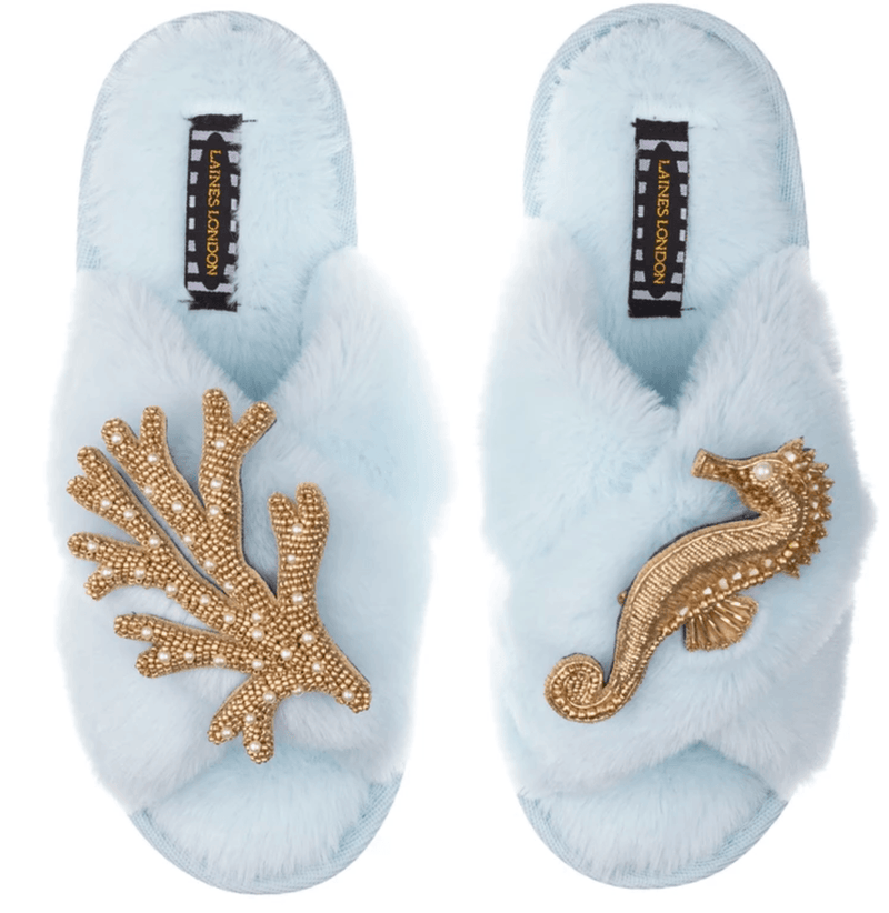 LAINES - Classic Laines Slippers with Artisan Gold Seahorse & Coral in Powder Blue - OutDazl