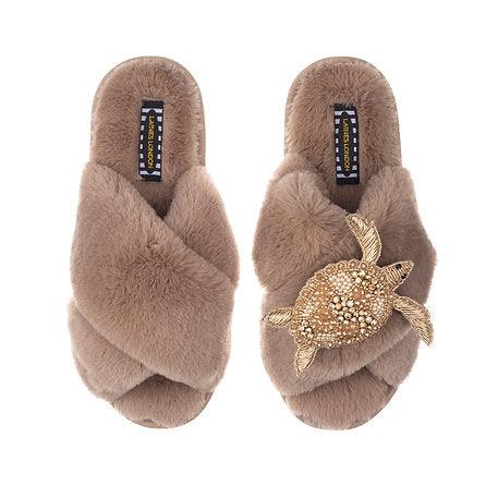 Laines London Luxe Fluffy Pink Slippers With Deluxe Pink Seahorse Brooch -  Blush Boutique