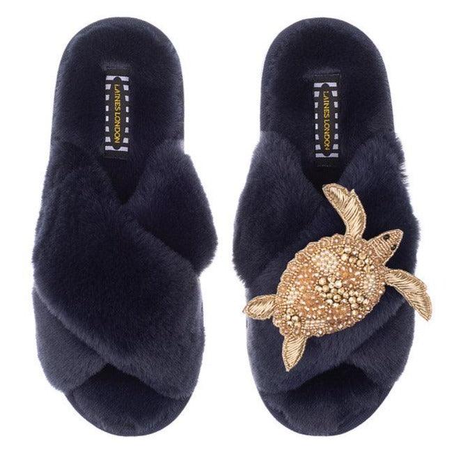 LAINES - Classic Laines Slippers with Artisan Gold Turtle in Navy - OutDazl