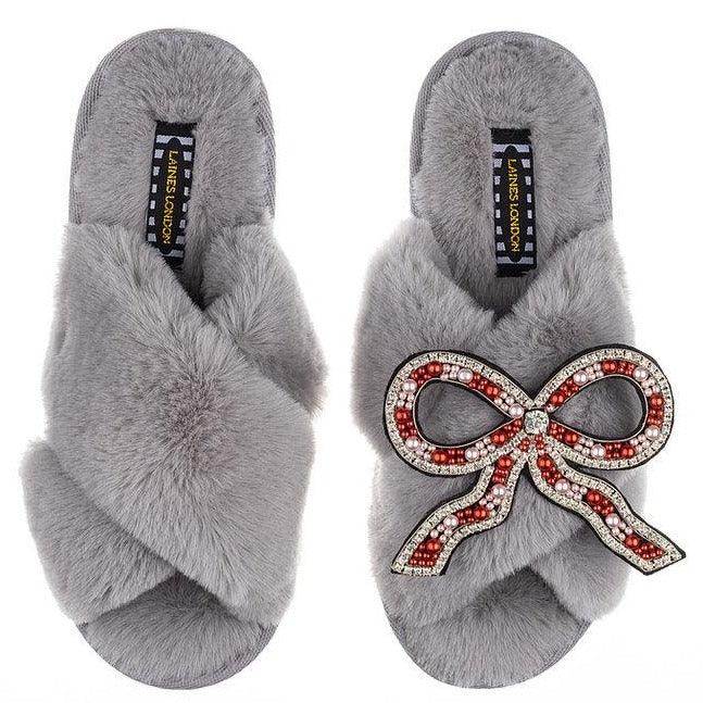 LAINES - Classic Laines Slippers with Deluxe Bow Brooch in Grey - OutDazl
