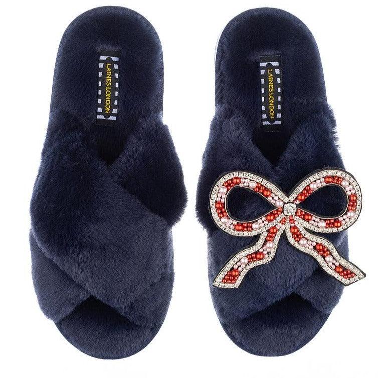 LAINES - Classic Laines Slippers with Deluxe Bow Brooch in Navy - OutDazl