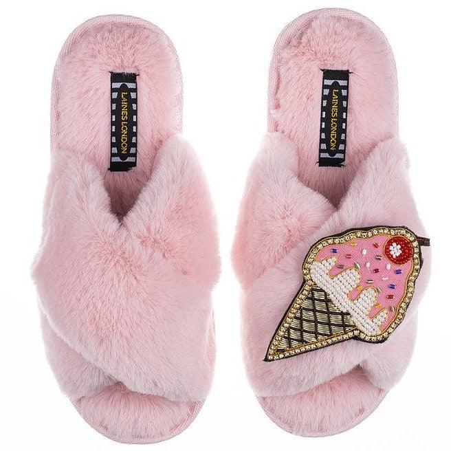 LAINES - Classic Laines Slippers with Deluxe Ice Cream Brooch in Pink - OutDazl