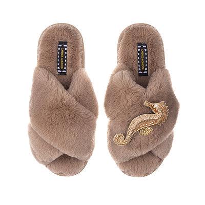 LAINES - Classic Laines Slippers with Gold Seahorse Brooch in Camel - OutDazl