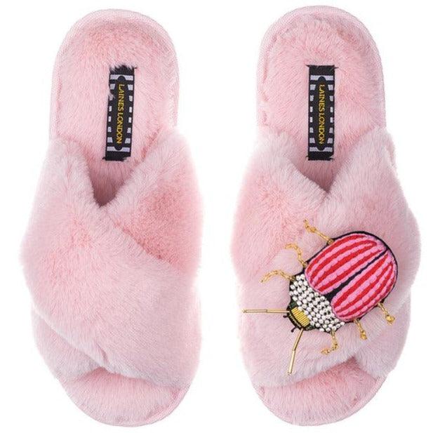 LAINES - Classic Laines Slippers with Premium Billy Bug Brooch in Pink - OutDazl