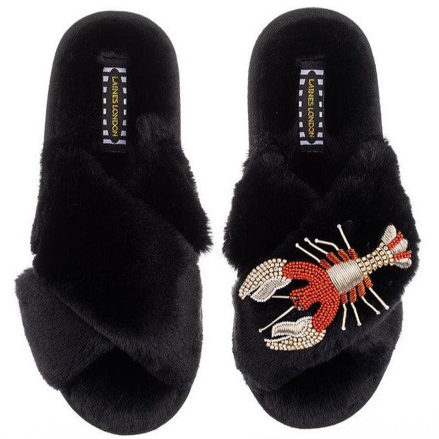 LAINES - Classic Laines Slippers with Premium Red Lobster Brooch in Black - OutDazl