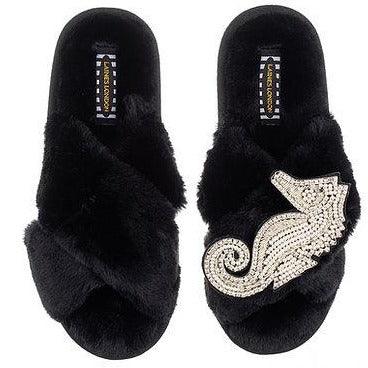 LAINES - Classic Laines Slippers with Silver Seahorse Brooch in Black - OutDazl