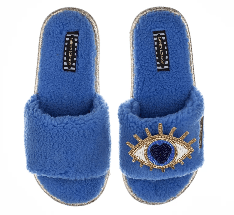 LAINES - Cobalt Blue Teddy Toweling Slippers with Gold Eye - OutDazl