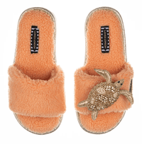 LAINES - Coral Teddy Toweling Slippers with Gold Turtle - OutDazl