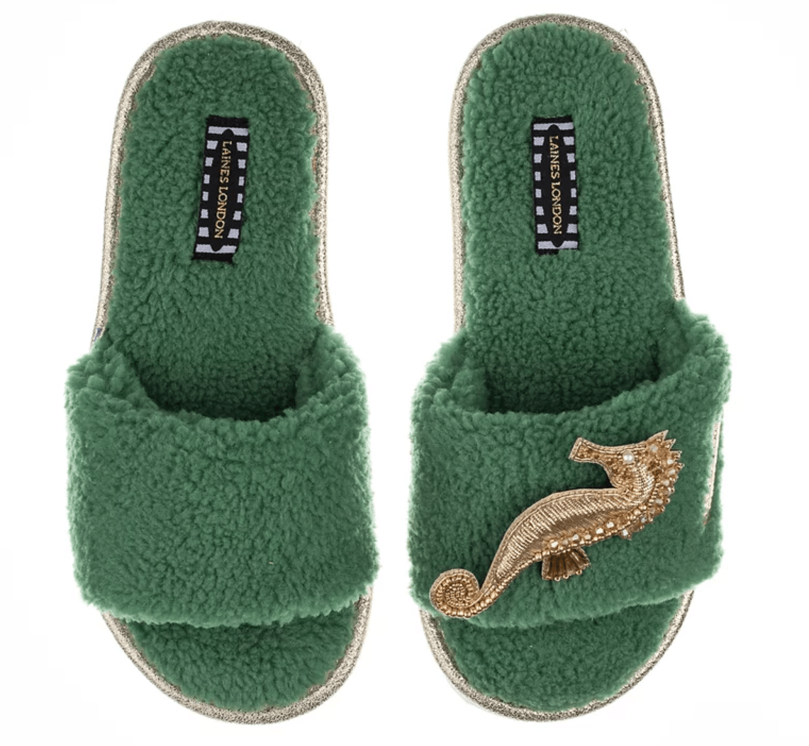 LAINES - Green Teddy Toweling Slippers with Gold Seahorse - OutDazl