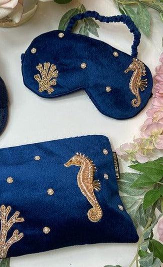 LAINES - Navy Velvet Eye Mask with Seahorse & Coral Embellishment - OutDazl