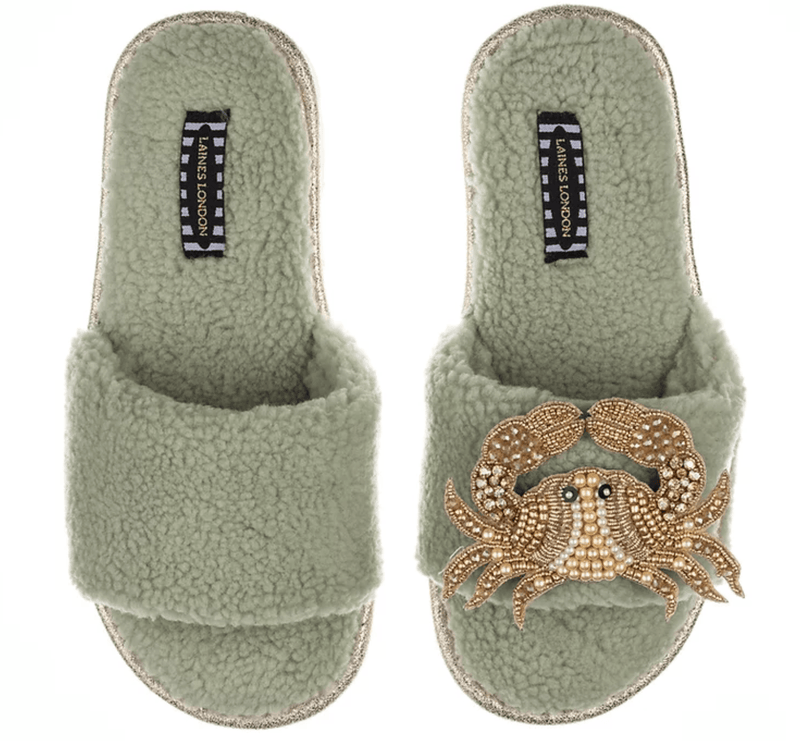 LAINES - Sage Green Teddy Toweling Slippers with Gold Crab - OutDazl