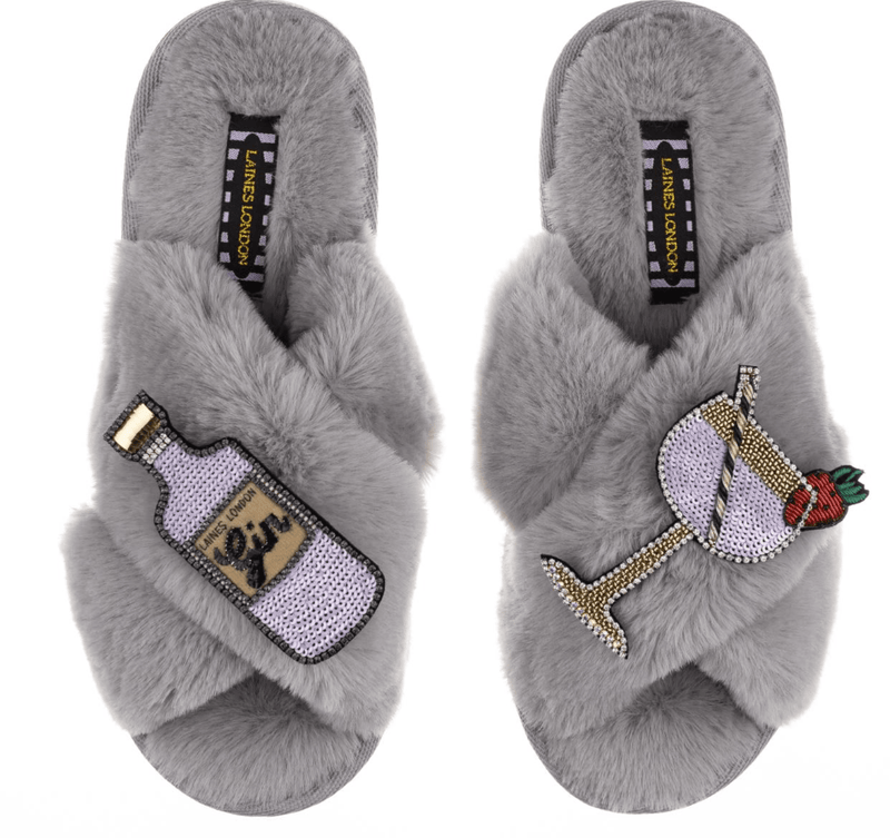 LAINES - Slippers with Artisan Gin and Tonic Brooch in Grey - OutDazl