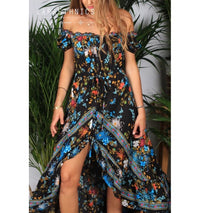 Lara Ethnics - Bardot Hi Low Dress Stella in Bouquet Black Print - OutDazl
