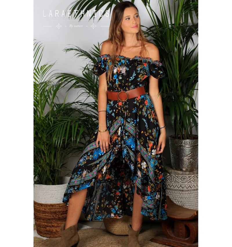 Lara Ethnics - Bardot Hi Low Dress Stella in Bouquet Black Print - OutDazl