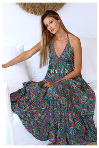 Lara Ethnics - Halter Neck Maxi Dress Petal in Oyster Blue Print - OutDazl