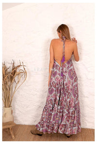 Lara Ethnics - Halter Neck Maxi Dress Petal in Pondichery Purple Print - OutDazl