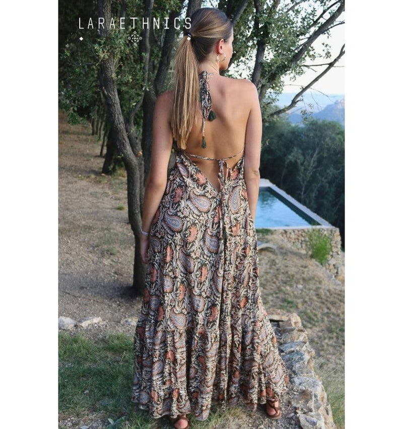 Lara Ethnics - Halter Neck Maxi Dress Petal in Pulcherie Rust - OutDazl