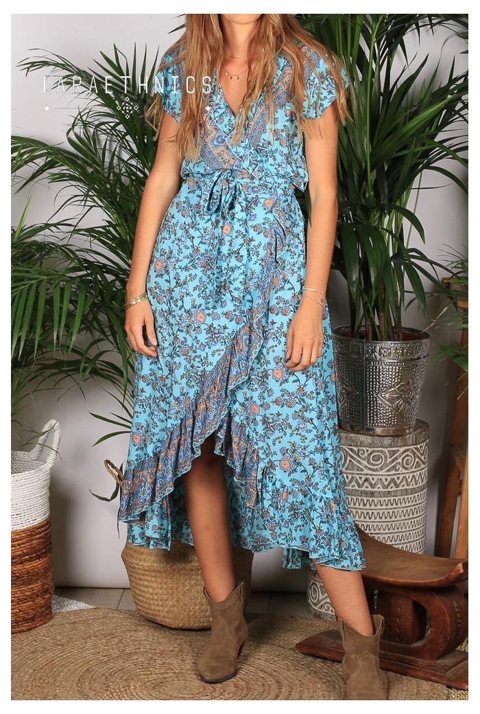 Lara Ethnics - Maxi wrap Dress Shaina in Hippie Turquoise Print - OutDazl