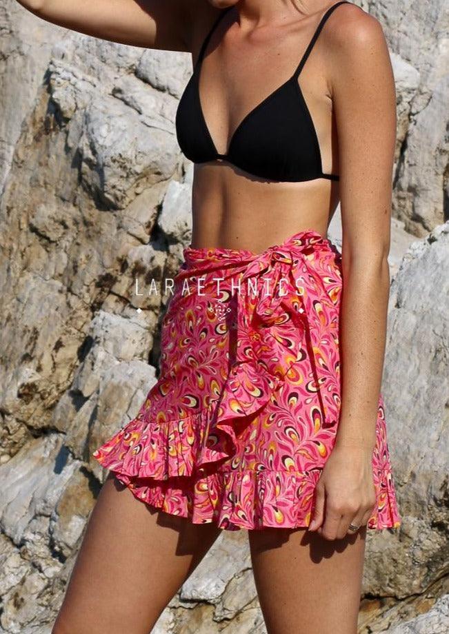 Lara Ethnics - Mini Skirt Maina in Pop Fushia Print - OutDazl