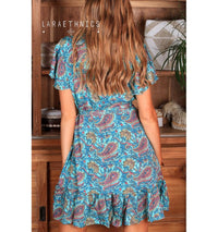 Lara Ethnics - Mini wrap Dress Kalyvia in Pulcherie Turquoise - OutDazl