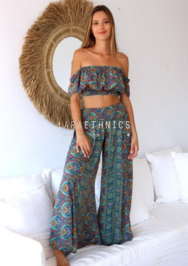Lara Ethnics - Palazzo Style Pants Laguna in Oyster Blue - OutDazl