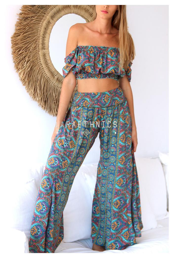 Lara Ethnics - Palazzo Style Pants Laguna in Oyster Blue - OutDazl