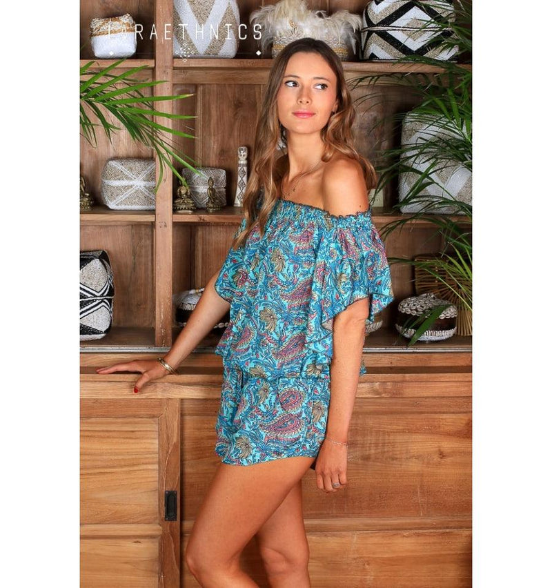 Lara Ethnics - Print Playsuit Pina in Pulcherie Turquoise Print - OutDazl