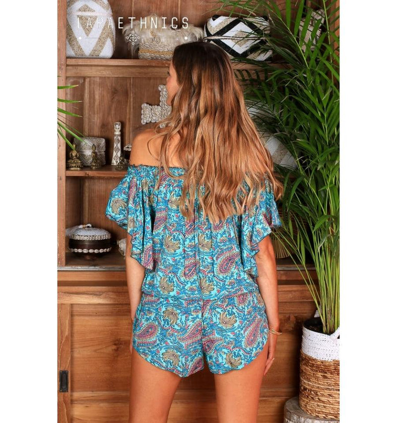 Lara Ethnics - Print Playsuit Pina in Pulcherie Turquoise Print - OutDazl