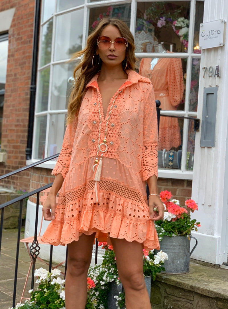 Laurie and joe - Broderie Anglais tunic dress Oasis in Neon Coral - OutDazl