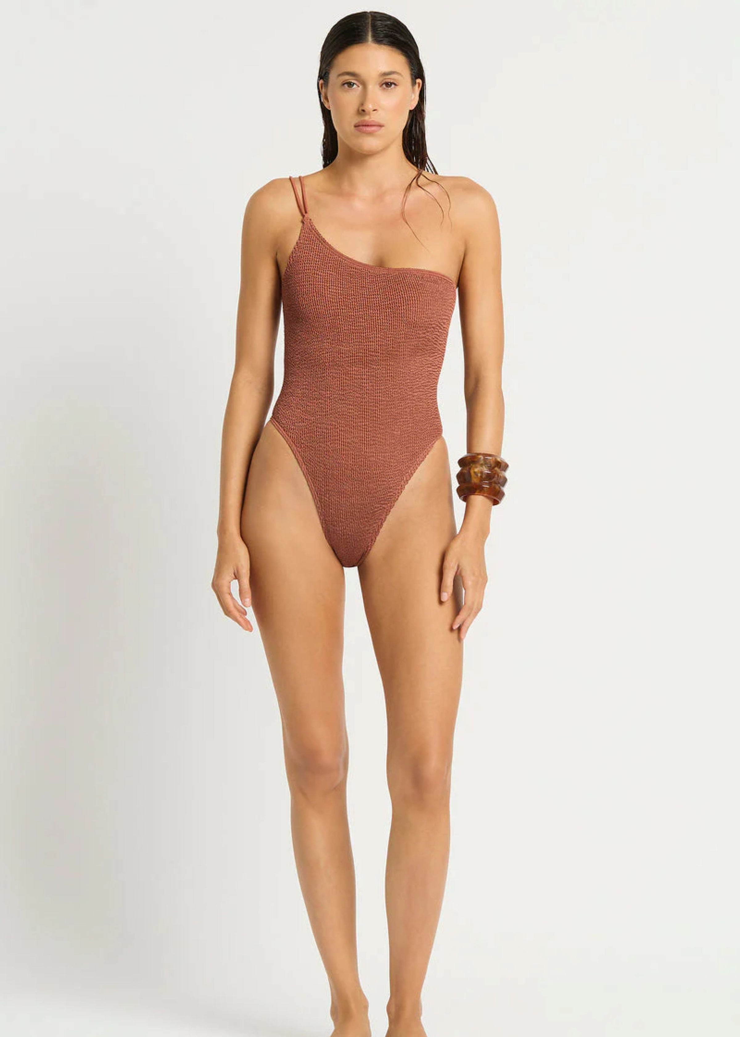 Lotus One Shoulder Swimsuit in Fawn