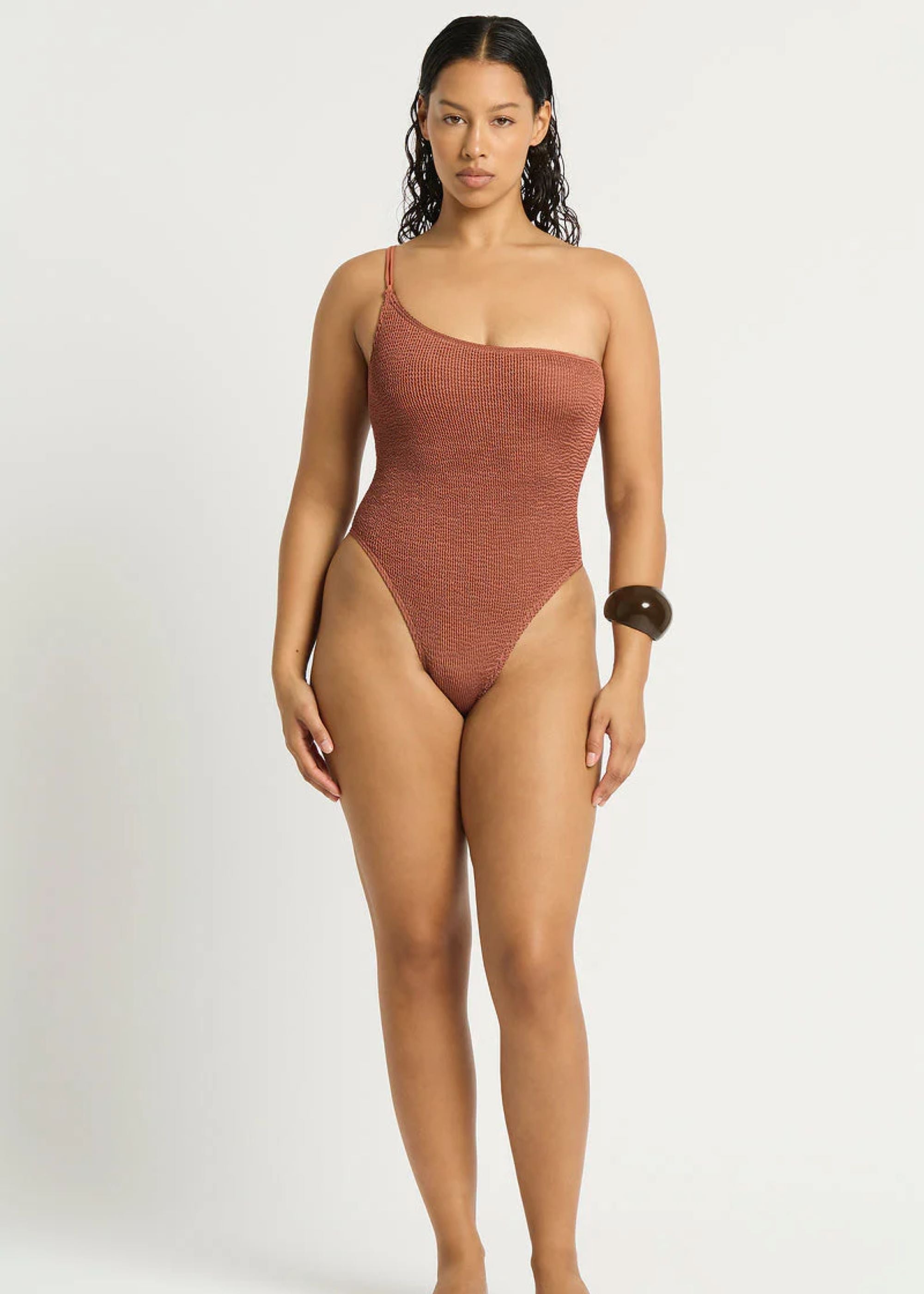 Lotus One Shoulder Swimsuit in Fawn