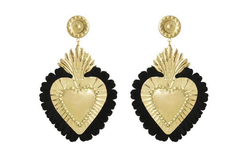 LOVA BY VL - Gold Hearts Earrings with Black Fringe - OutDazl