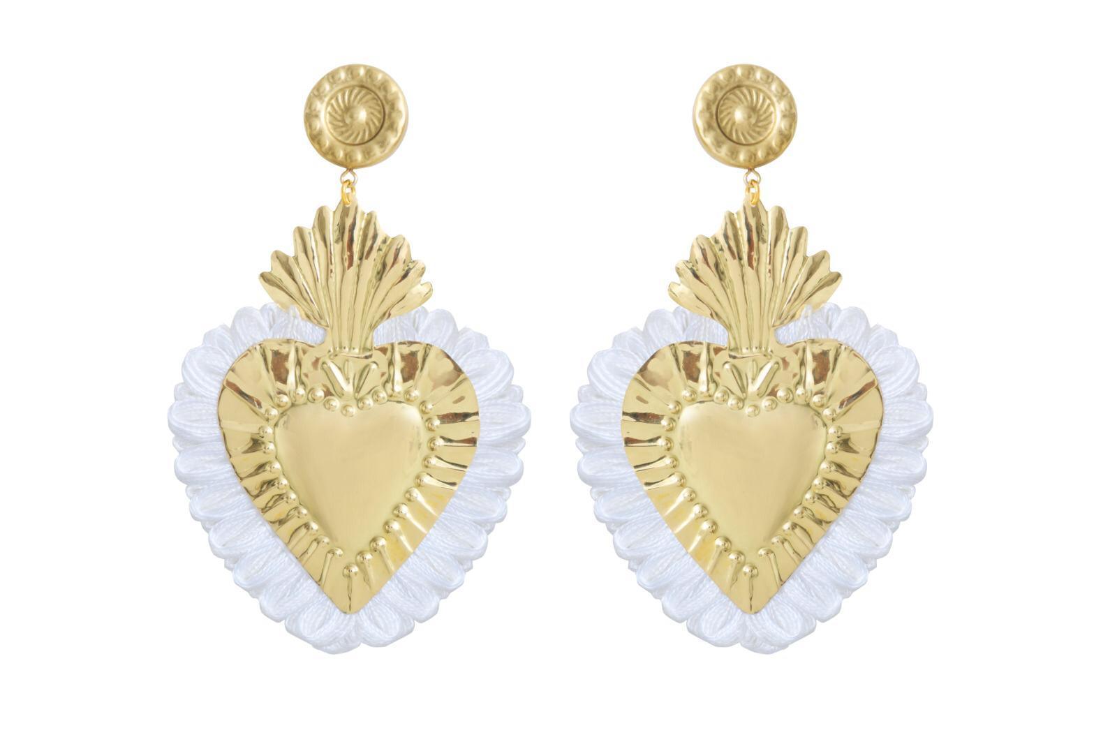 LOVA BY VL - Gold Hearts Earrings with White Fringe - OutDazl