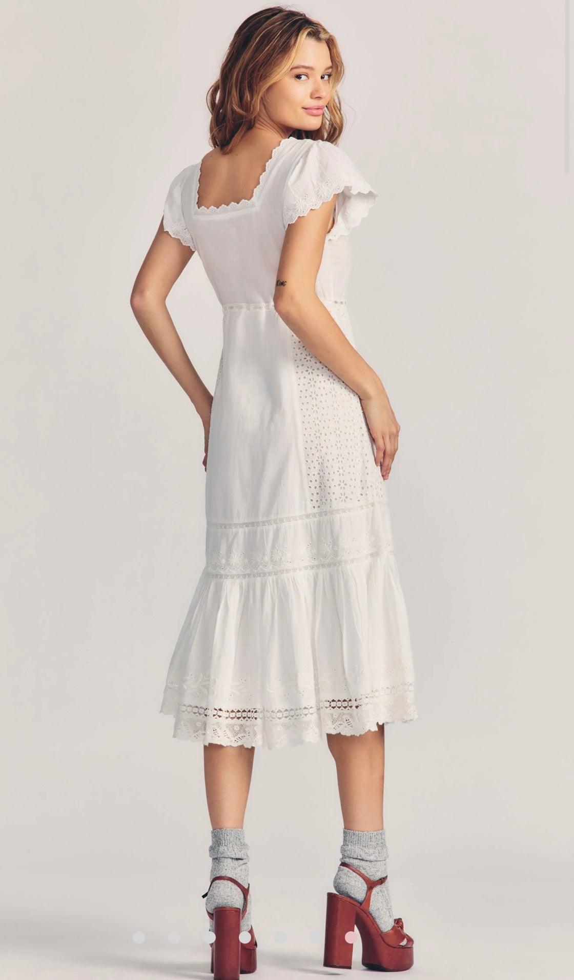 LoveShackFancy - Charles Midi Dress in Eyelet Cotton Antique White - OutDazl
