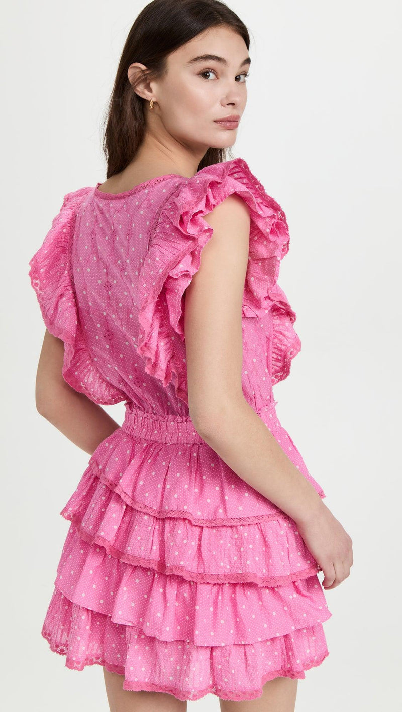LoveShackFancy - Corelli Mini Dress in Hot Pink Cherry - OutDazl