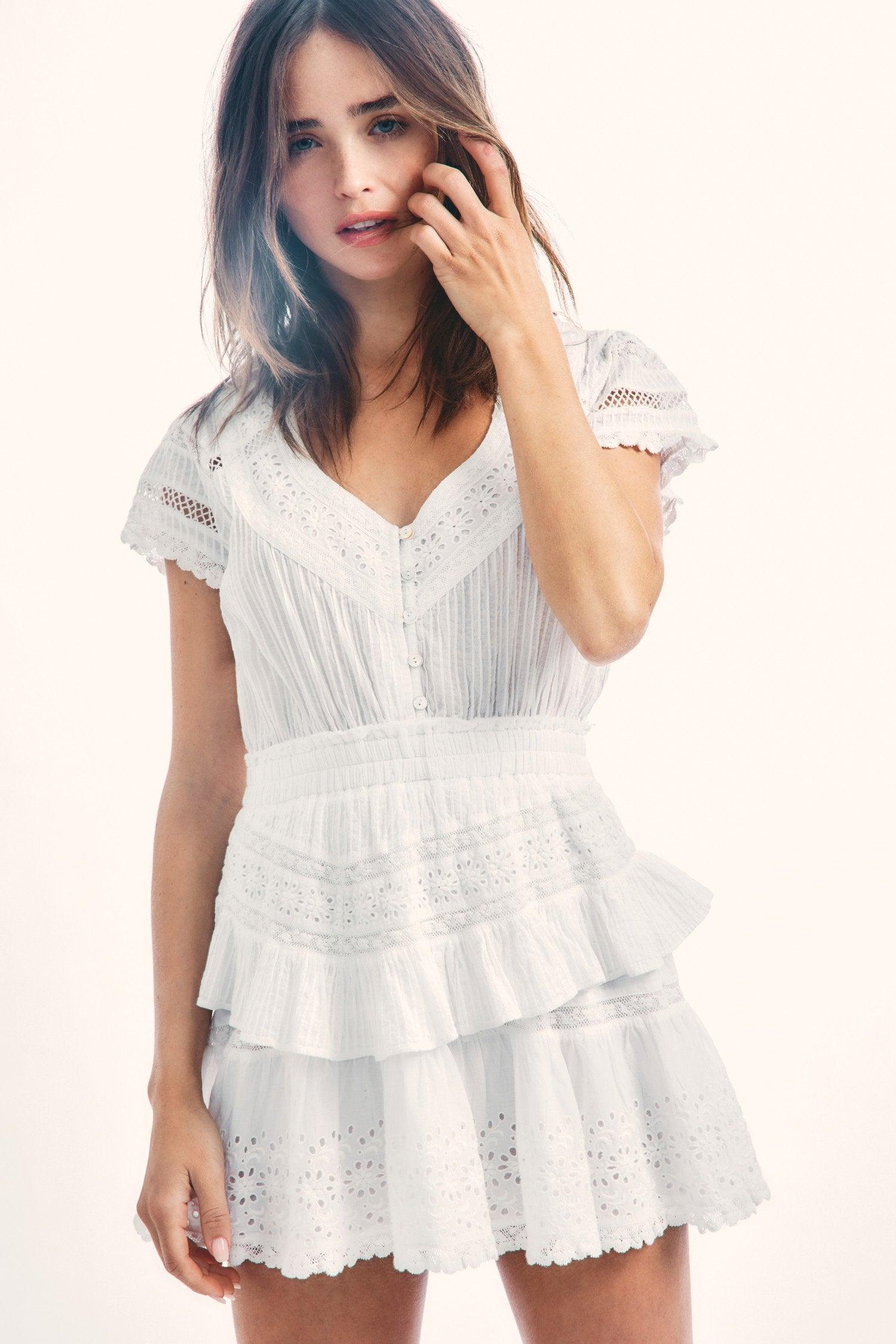 LoveShackFancy - Jeromie Cotton Broderie Mini Dress in White - OutDazl