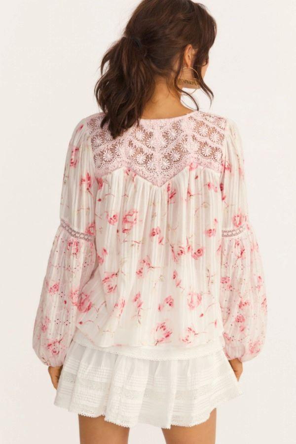 LoveShackFancy - Lillith Lace Trimmed Blouse in Cherry Soda - OutDazl