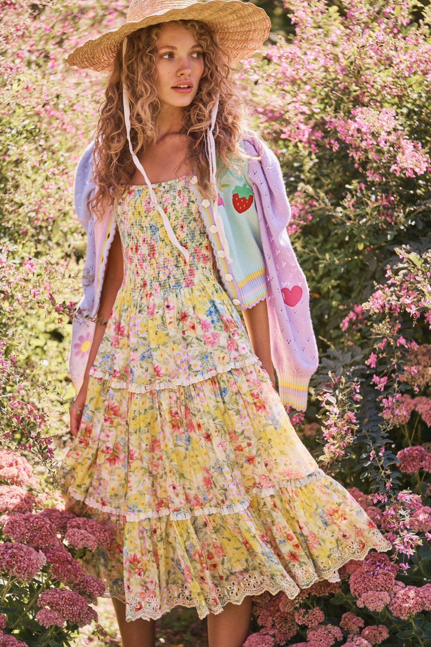 LoveShackFancy - Masie floral-print midi dress in Rainbow Skies - OutDazl