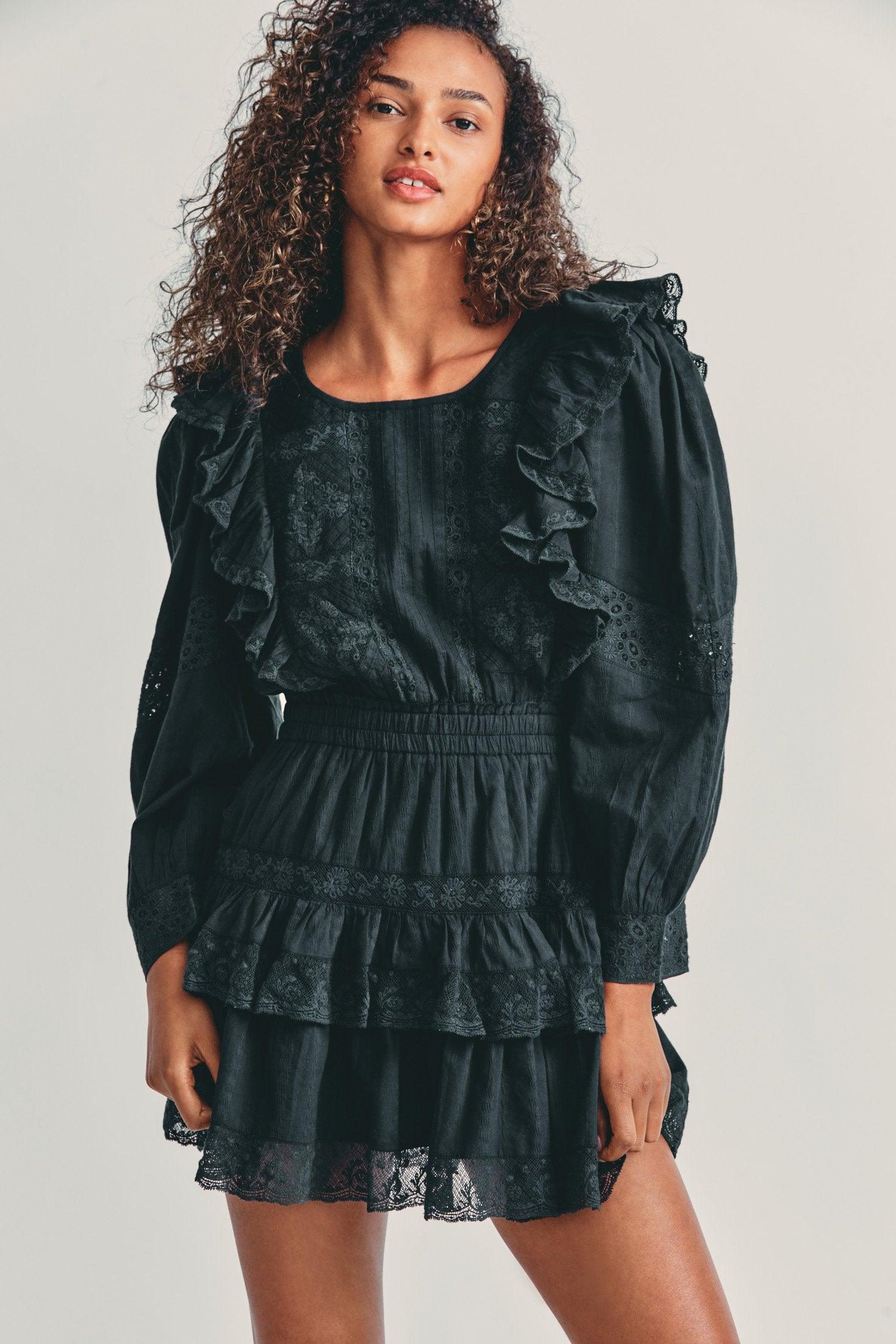 LoveShackFancy - Santorini ruffled crochet-trimmed cotton-voile mini dress in Black - OutDazl