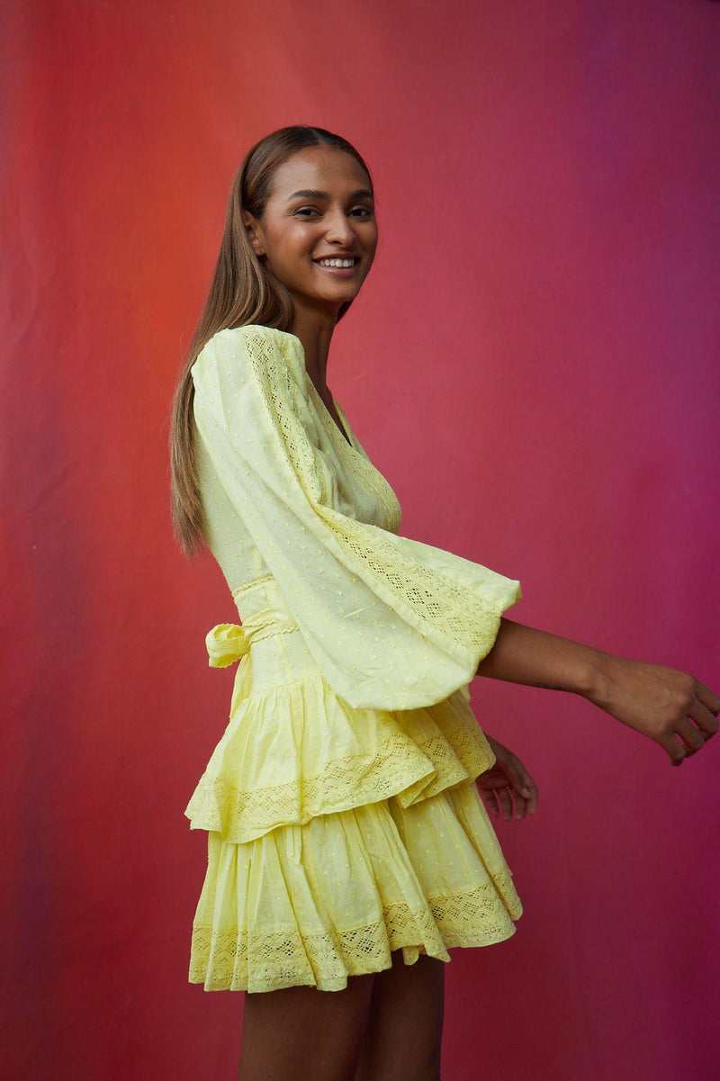 Maia Bergman - Mika Wrap Mini Dress in Lemonade - OutDazl